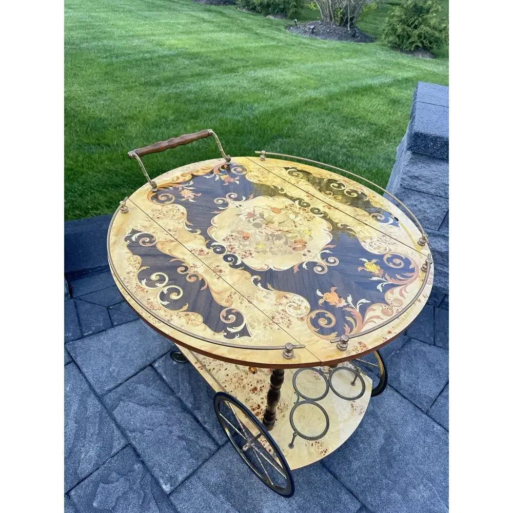 VTG Italian Marquetry Tea & Bar Cart Wood Serving Drop Leaf ~Great For Display
